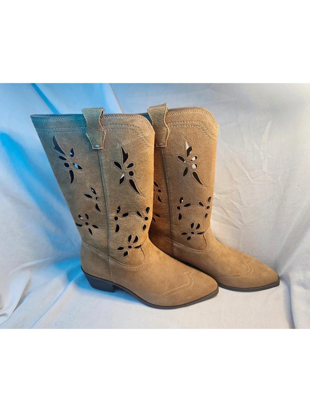 No Boundaries Women's Tan Faux Suede Western Mid-Calf Floral Cut-Out Boots 8